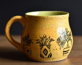 Yellow Plant Succulent mug, Handmade stoneware