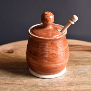 Honey Pot, Handmade ceramic Honey Jar with dipping stick, Red image 1