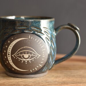 Handmade Carved Mug, Eye Moon Blue image 1