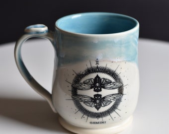 Gemini Zodiac Sign -  Handmade Mug, White and Blue