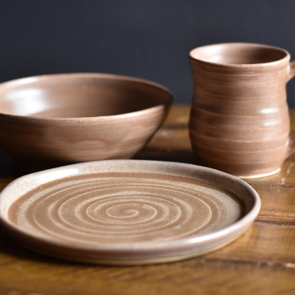 Child sized handmade pottery set - Mug, Bowl, Plate/Dish. Creamy Beige.