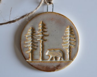 Handmade ceramic Bear/Trees Ornament (Cream)
