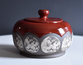 Storage Jar with Lid, Handmade Pottery - Moon phases, Red