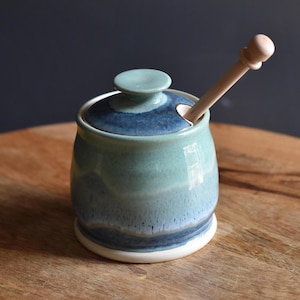 Honey Pot, Handmade ceramic Honey Jar with dipping stick / Dishwasher SAFE /  Green Blue