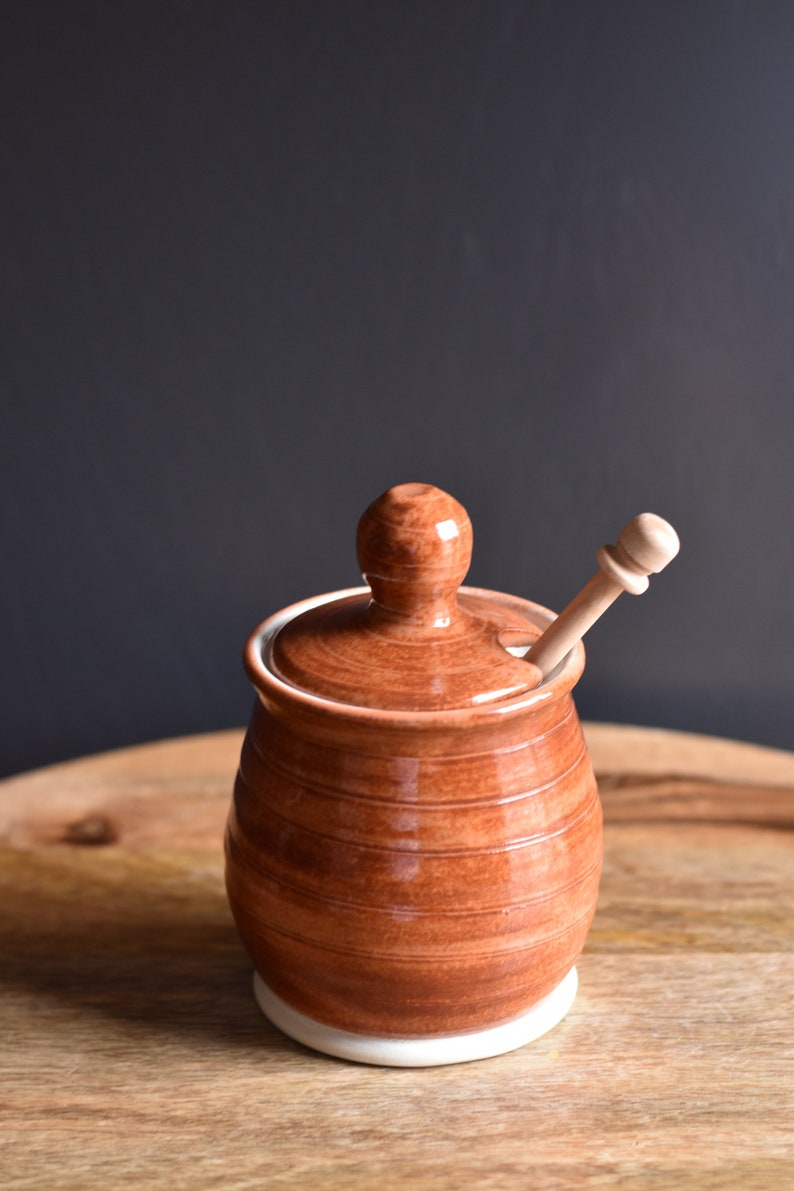 Honey Pot, Handmade ceramic Honey Jar with dipping stick, Red image 1