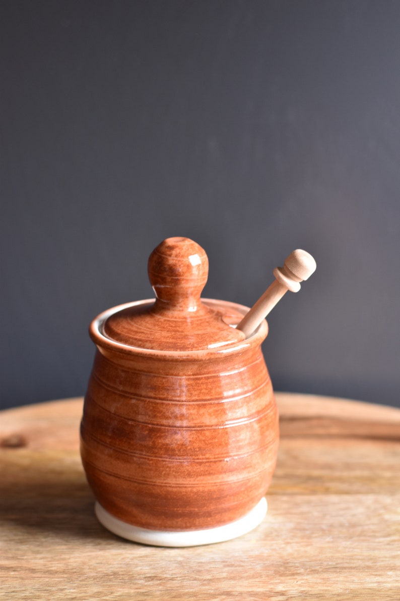 Honey Pot, Handmade ceramic Honey Jar with dipping stick, Red image 5