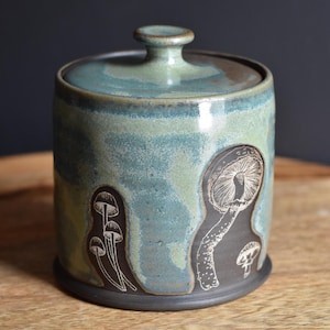 Handmade Mushroom Storage Jar with Lid, Pottery / Green/ Dishwasher Safe / Fungus, Foraging Fungi Cottagecore Gift