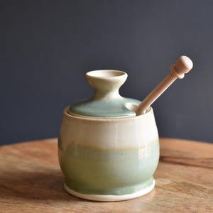 Honey Pot, Handmade ceramic Honey Jar with dipping stick / Sugar bowl / Dishwasher Safe / Green Cream