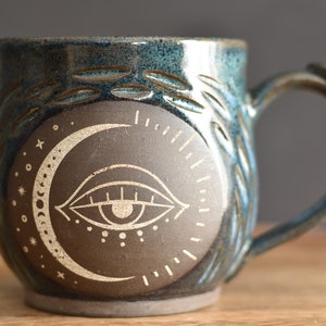 Handmade Carved Mug, Eye Moon Blue image 4