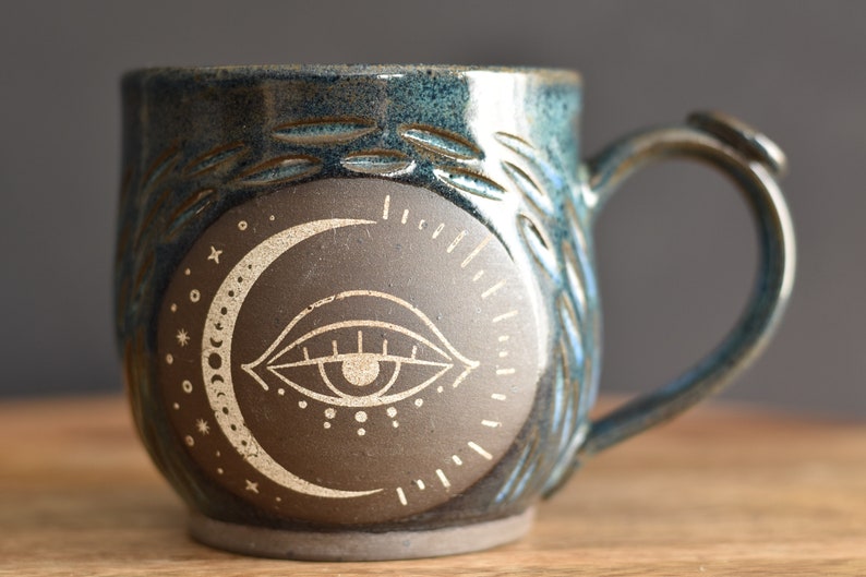 Handmade Carved Mug, Eye Moon Blue image 4