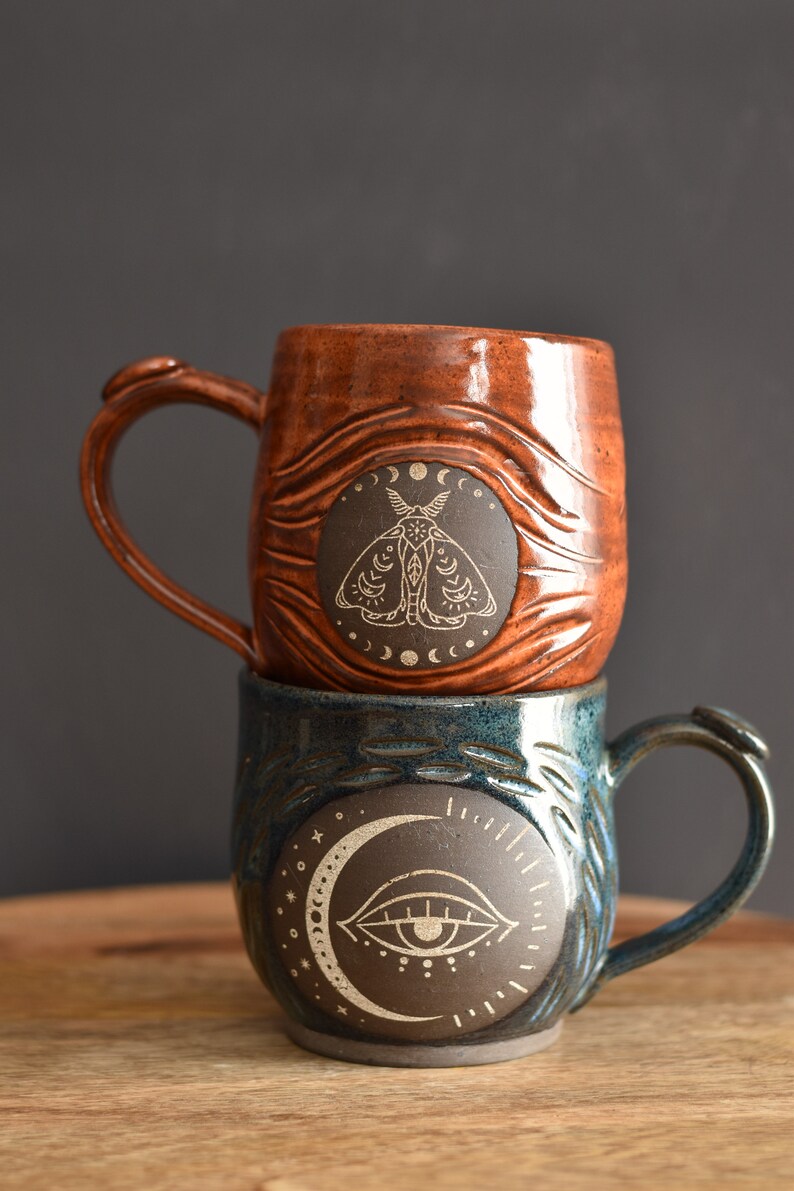 Handmade Carved Mug, Eye Moon Blue image 8