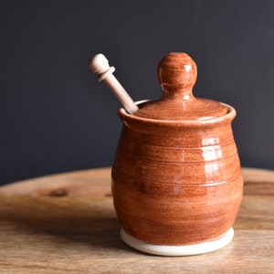 Honey Pot, Handmade ceramic Honey Jar with dipping stick, Red image 3