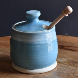 Honey Pot, Handmade ceramic Honey Jar with dipping stick, Blue/Cream