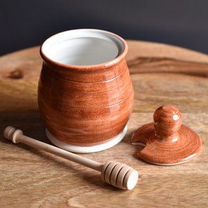 Honey Pot, Handmade ceramic Honey Jar with dipping stick, Red image 4