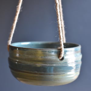 Handmade Pottery Planter - Small Rustic Green Hanging Plant Pot