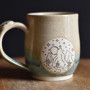 Mountain Moon Mug, Handmade Pottery, Green / Cream / Dishwasher Safe / Nature Camping Hiking Desert Cactus
