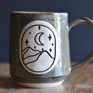 Handmade Moon and Mountain Mug, Stoneware Pottery, Green