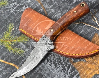Handmade Damascus Skinning knife with Sheath | Full Tang Skinner knife | Custom Hunting Knife | Skinning | Camping | Survival | gift for men