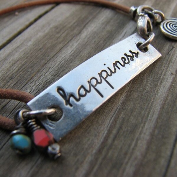 PMC Fine Silver Stamped HAPPINESS Bar Bracelet on Tan Leather Cord with Turquoise and Orange Beads and Sterling Silver Swirl Charm