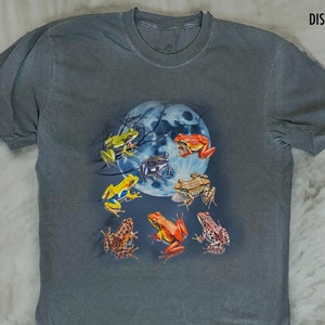 May include: Gray t-shirt featuring a colorful frog graphic with a full moon backdrop. The shirt has the words "DISTRESSED VINTAGE" printed at the top. The shirt is a crew neck style.