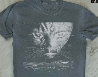 Three cat Vintage Boho Graphic T-shirt, Retro Cat Moon Tshirt, Cat Lovers, Funny Cat Tee, Oversized Washed Tee, Cool Vintage Style Cat Shirt