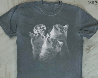 Three cat Vintage Boho Graphic T-shirt, Retro Cat Moon Tshirt, Cat Lovers, Funny Cat Tee, Oversized Washed Tee, Cool Vintage Style Cat Shirt