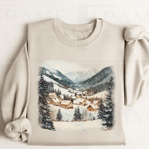 Vintage Christmas Winter Village Sweatshirt Retro Y2K 90s Xmas Sweatshirt Mountain Pine Trees Decorated Cabin Holiday Outfit Unisex Crewneck