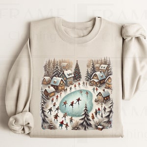 Retro Christmas Winter Village Sweatshirt Vintage Y2K 90s Xmas Sweatshirt Mountain Pine Trees Decorated Cabin Holiday Outfit Unisex Crewneck