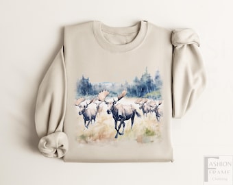 Vintage Retro Bull Moose Wilderness Scene Sweatshirt 90s Moose Lover Wildlife Sweatshirt Winter Mountain Creek Boho Unisex Crewneck Sweater
