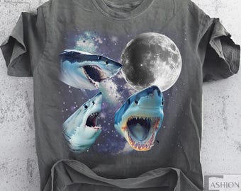 Three Shark Retro Graphic T-shirts Vintage Shark Moon Tshirt Ocean Lovers Shirt Silly Gift Weirdcore Shirt Funny Shirts Oversized Washed Tee
