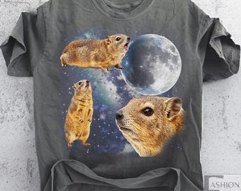 Three Hyrax Moon Graphic T-Shirt, Funny Animal Meme Tee, Retro Hyena Moon Shirt, Rock Hyrax Shirt, Oversized Nature Lover Gift for him her