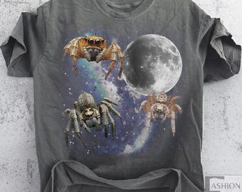 Three Spider Retro Graphic T-shirts, Vintage Halloween Moon Tshirt Spider Shirt Funny SpiderTee, Wildcore Spider tshirt Oversized Washed Tee