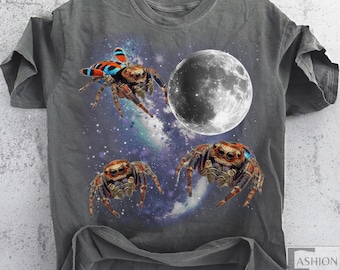 Camiseta gráfica de tres arañas pavo real, camiseta vintage retro de pájaro araña, camisetas de luna de araña pequeña, camiseta divertida de arañas, regalo divertido para amantes de los insectos