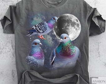 Three Pigeon Retro Graphic Tshirt Vintage Pigeon Moon Shirt Pigeon Lovers T Shirt Silly Gift Funny Shirts, Wildlife Top Oversized Washed Tee