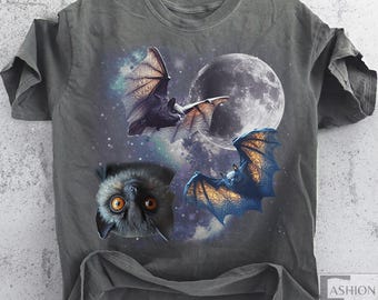 Three Bat Vintage Retro T-shirts, 90's Bat Moon Tshirt, Bat Lovers, Funny Bat Gift Shirt Oversized Washed Tee 90's Owl dark art Shirts Night
