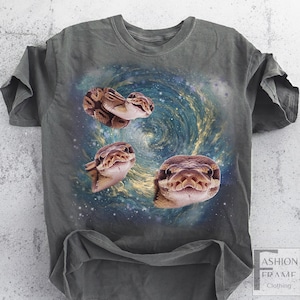 May include: Dark grey t-shirt featuring a graphic of three snakes against a swirling galaxy background. The snakes are brown and tan, with detailed scales. The galaxy design has blue, gold, and white colors. The shirt has a classic crew neck and short sleeves.