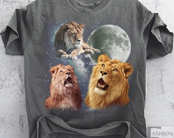 Three Lion Retro Graphic T-shirts, Vintage Lion Moon Tshirt, Lion King Lovers, Funny Lion Tee, Oversized Washed Tee, Silly Gift lions shirts