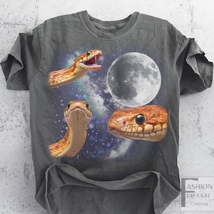 May include: Dark gray t-shirt featuring a graphic design of three snake heads, a full moon, and a starry galaxy background. The snakes are orange and brown. The shirt has a crew neck and short sleeves.