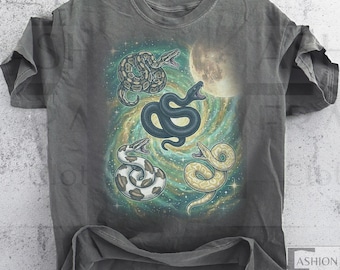 Three Ball Python Graphic T-shirts, Retro Python Moon Space Shirt, Funny Snake Tshirt, Silly Gift, Reptile Lovers Top, Oversized Washed Tee