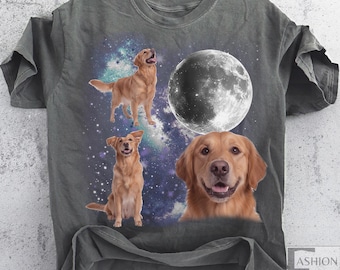 Golden Retriever Vintage Dog Graphic T-shirts, Retro Dogs Moon Tshirt, Dog Lover Shirt, Cute Puppy Shirt, Oversized Washed Tee, Dog Mom Gift