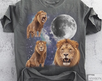 Vintage Lion Retro Graphic T-shirts, Retro Lions Moon Tshirt, Lion King Lovers, Funny Lion Tee, Oversized Washed Tee, Silly lion shirt Gift