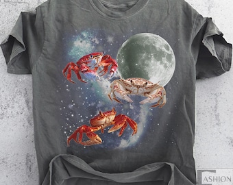 Three Crab Graphic Vintage T-shirts, Retro Crustacean Moon Tshirt,  Crab Shirt, Funny Crab Tshirt Oversized Washed Tee Sea Animal Lovers Tee
