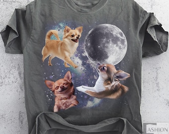 Three Chihuahua Vintage Graphic T-shirts, Retro Chihuahua Moon Tshirt, Funny Tee Silly Chihuahua Shirt Oversized Washed Tee Dog  Lovers Gift