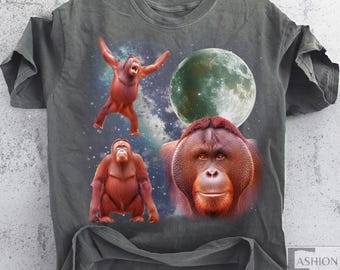 Three Orangutan Graphic T-Shirt Vintage Retro Monkey Tee 90s Monkey Lovers T-shirt Funny Ape Shirt Oversized Washed Tee, Silly Monkey Tshirt