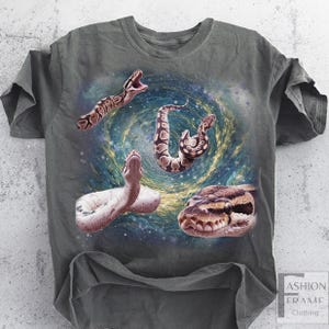 May include: Dark grey t-shirt featuring a graphic design of several snakes against a swirling galaxy background. The snakes are in various positions, with detailed patterns and colors. The shirt has a classic crew neck and short sleeves.