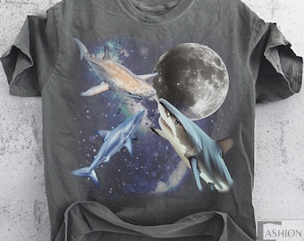Three Hammerhead Shark Retro Graphic T-shirts, Vintage Shark Moon Tshirt Funny Hammerhead Shirt Ocean Tee, Oversized Washed Tee, Shark Shirt