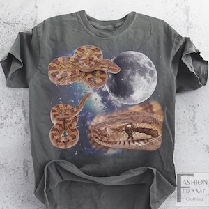 May include: Dark grey t-shirt featuring a detailed graphic of a snake, a full moon, and a starry galaxy background. The snake is brown and tan with intricate patterns. The shirt has a relaxed fit and short sleeves.