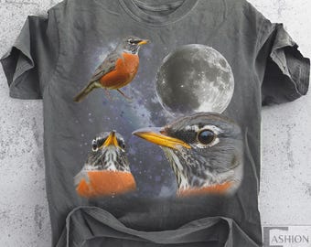 Three American Robin Graphic T-Shirt, Vintage Retro Robin Birdie shirt, Tiny Bird Moon Shirts, Funny Song Bird Tee, Silly Bird Lovers Gift