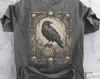 Raven Vintage 90s Graphic Shirt, Retro Occult Moon Floral Shirt Wild Raven Shirt Distressed Shirt crow graphic Tee Oversized Washed Tee Gift