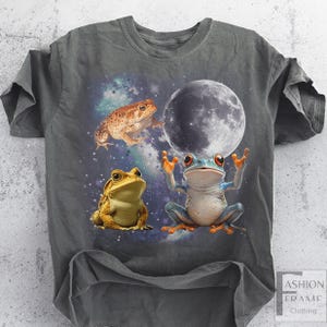 May include: Dark gray t-shirt featuring a whimsical illustration of three frogs with a full moon and a starry background. The frogs are in shades of brown, yellow, and blue. The shirt has a relaxed fit.